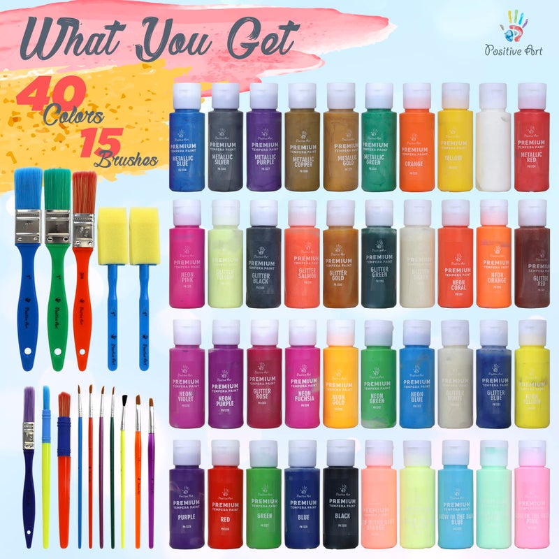 Positive Art Kids Tempera Paint Set | Value Pack Includes 40 Washable Non-Toxic Colorful Paints (2oz bottles) & 15 Brushes | Metallic, Neon, Glow In The Dark, Glitter Paints | Paint For Arts & Crafts, Fun Projects - Image 4